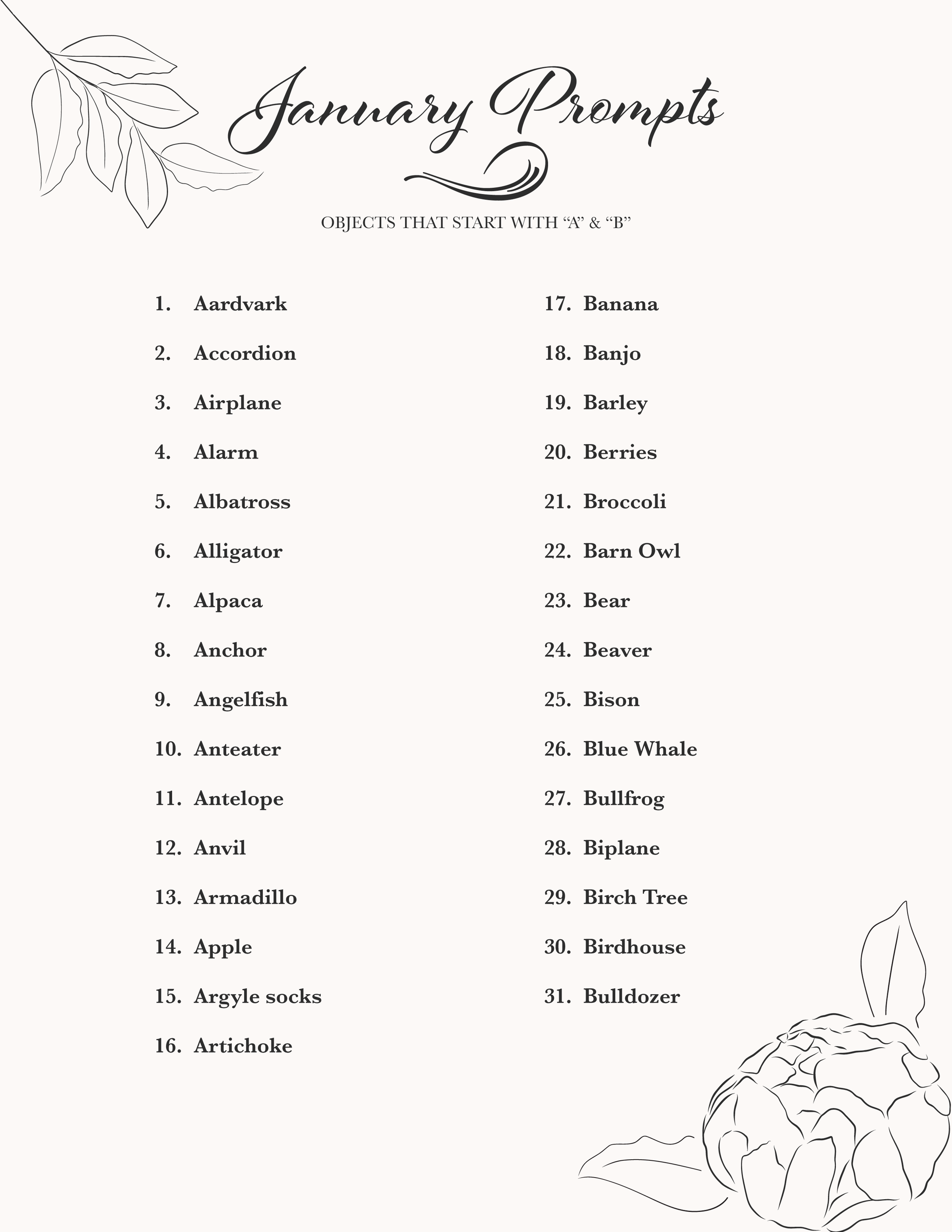 January, 2025 Art Prompts