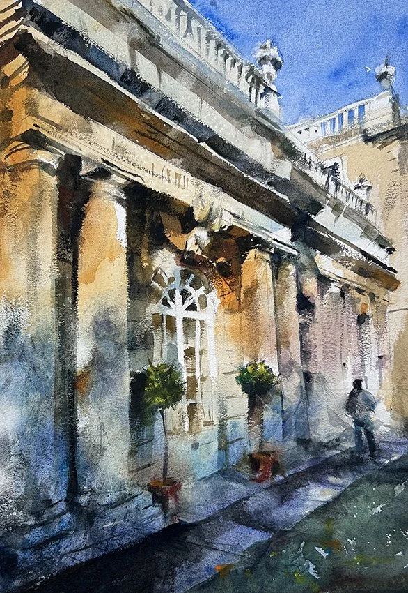 Autumn light on the Orangery, Dyrham Park National Trust near Bath - Original watercolour 510 x 360