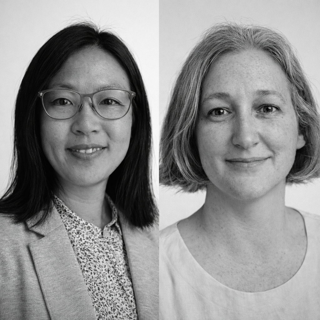 Two headshots side by side: a woman with dark hair wearing glasses and a blazer over a print shirt, and a short-haired woman wearing a blouse.