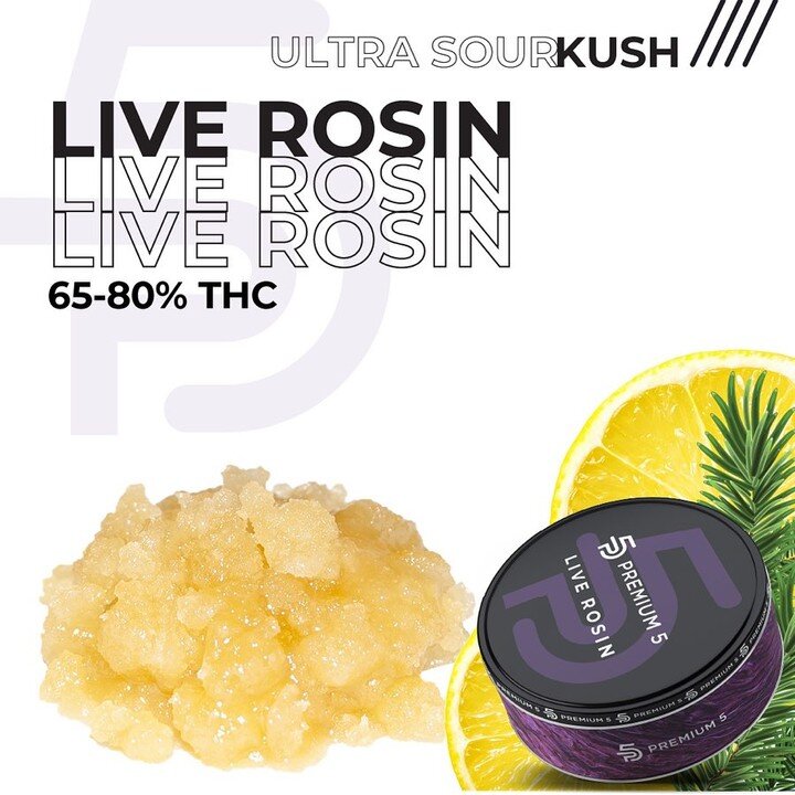 Premium 5 Ultra Sour Kush Live Rosin is created from carefully selected frozen whole bud flower. This solventless extract contains more terpenes and offers an even more dynamic experience than a traditional rosin. 

The pungent monoterpenes present i