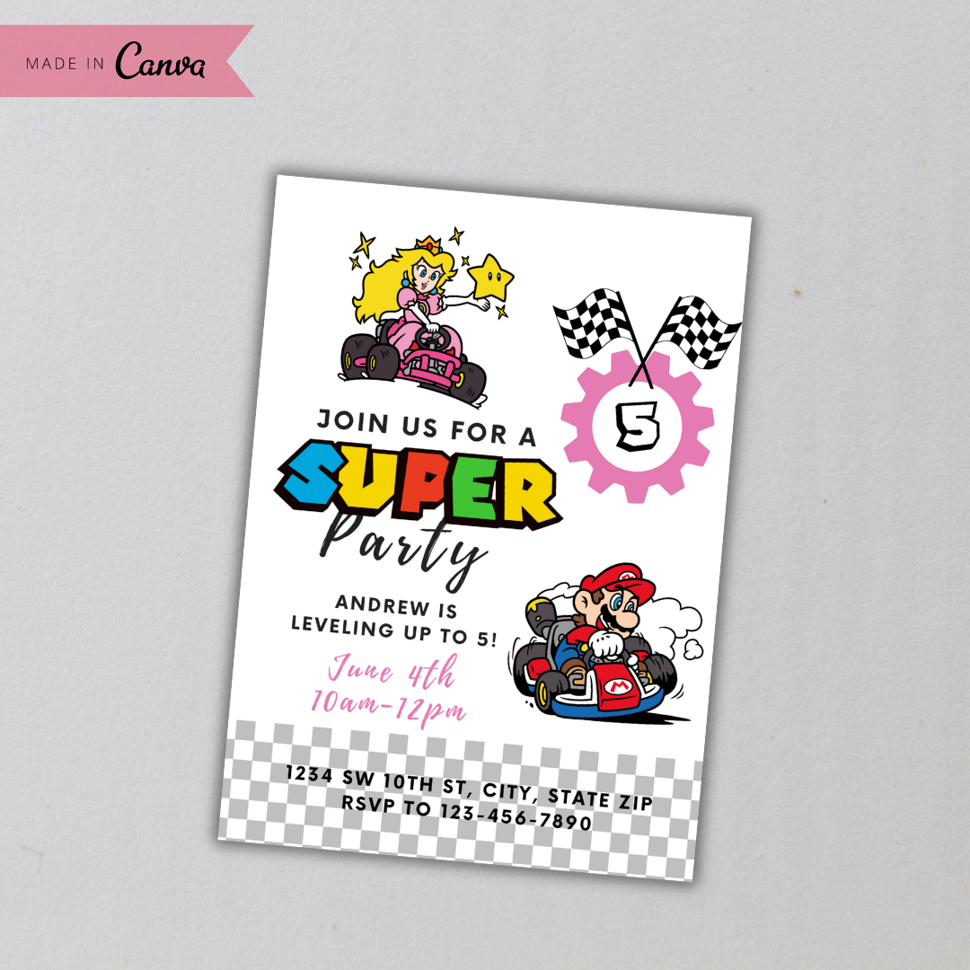 Racing Gear Princess Peach Mario Bros Kart Birthday Invitation Template —  The Milestone Market