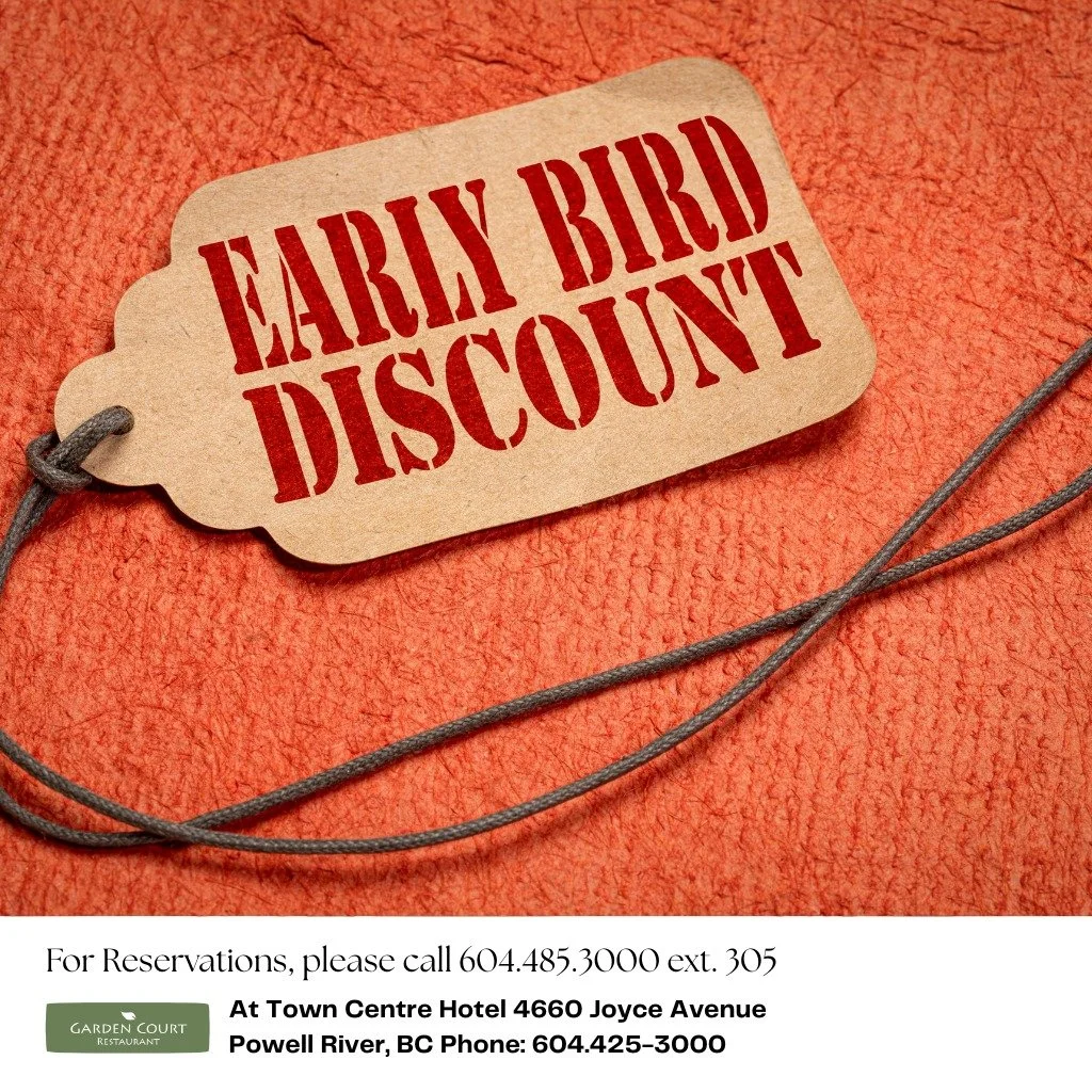 $12.95 Early Bird Breakfast! (Available until 10:30)

2 eggs, 2 bacon or sausage, 2 pieces of toast and hashbrowns with a cup of coffee!

Come get yours at the Garden Court Restaurant!