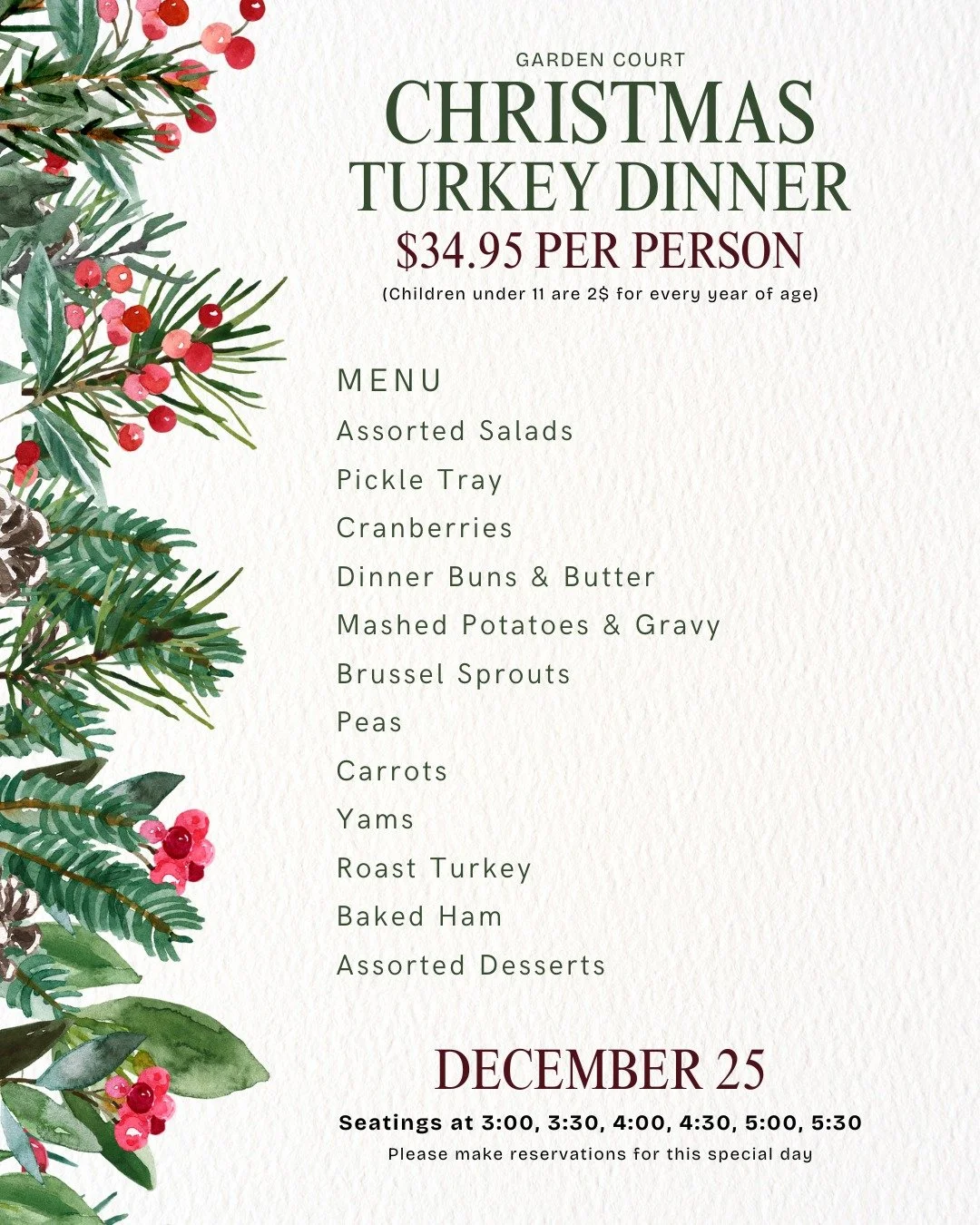 Need last-minute dinner plans? Join us at the Garden Court Restaurant for a delicious Christmas dinner.