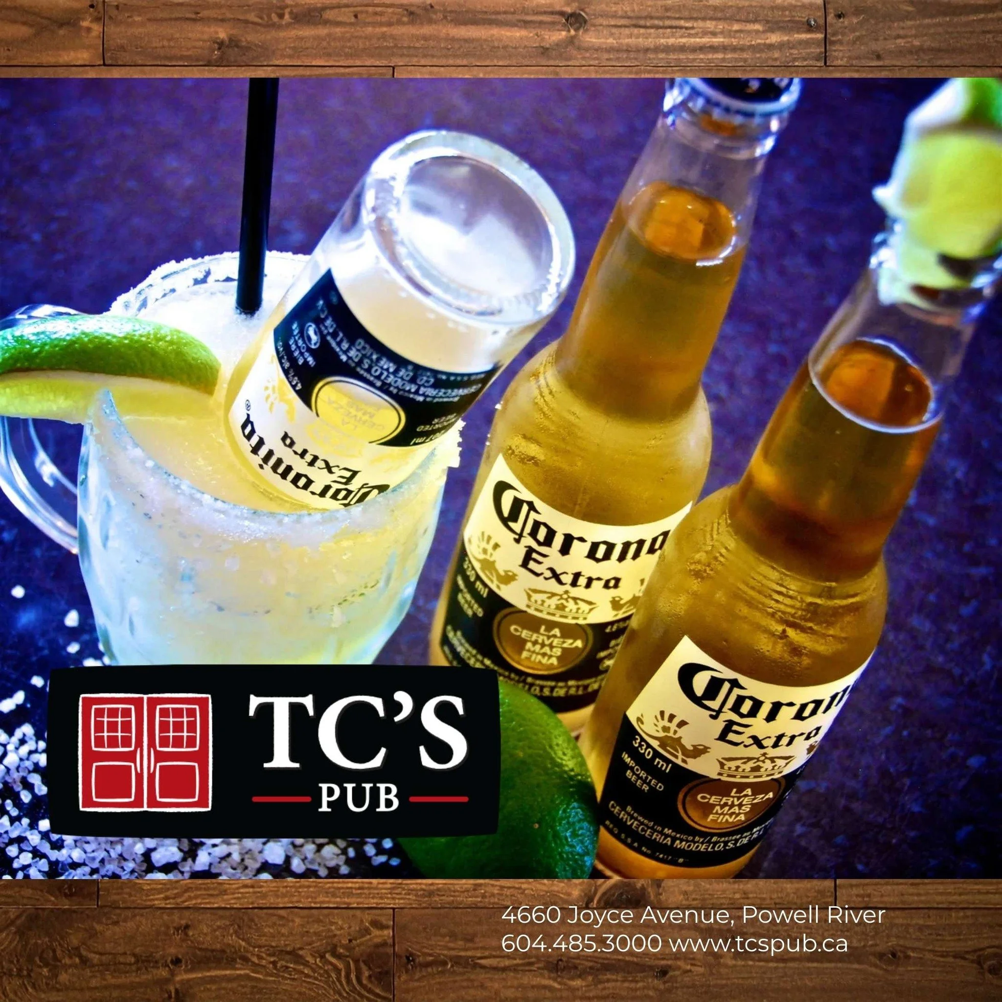 Grab a Corona or Margarita and make any night a fiesta at TC's Pub!

- Oven Baked Nachos - 
House-made chips oven-baked with cheese. Topped with jalape&ntilde;o, black olives, bell peppers, green onions &amp; tomatoes. Served with fire-roasted salsa 