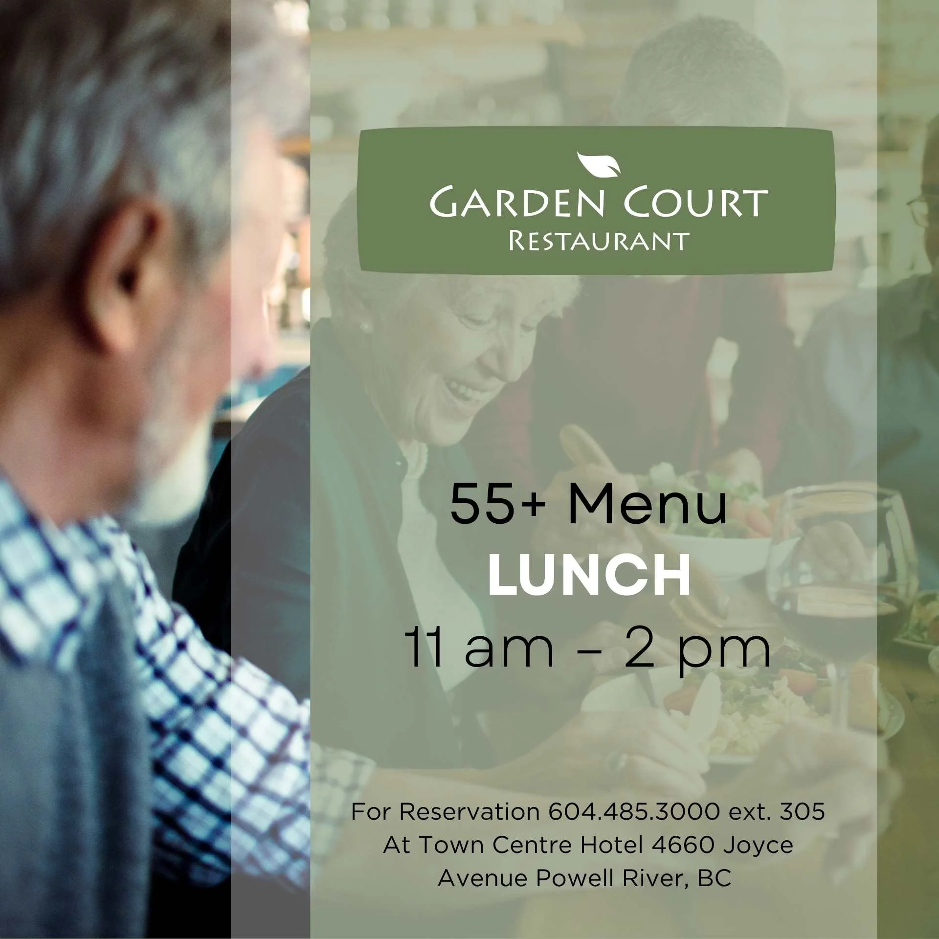 Every day is Seniors Day at Garden Court at Town Centre Hotel!

Each day 11 am - 2 pm, enjoy one of 6 featured items at a special price, just for seniors!!

www.tcspub.ca/garden-court