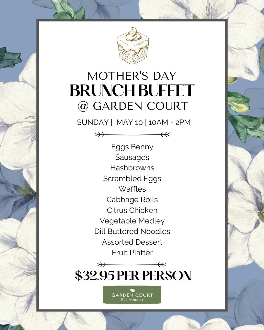Join us this mothers day for brunch at the Garden Court Restauant