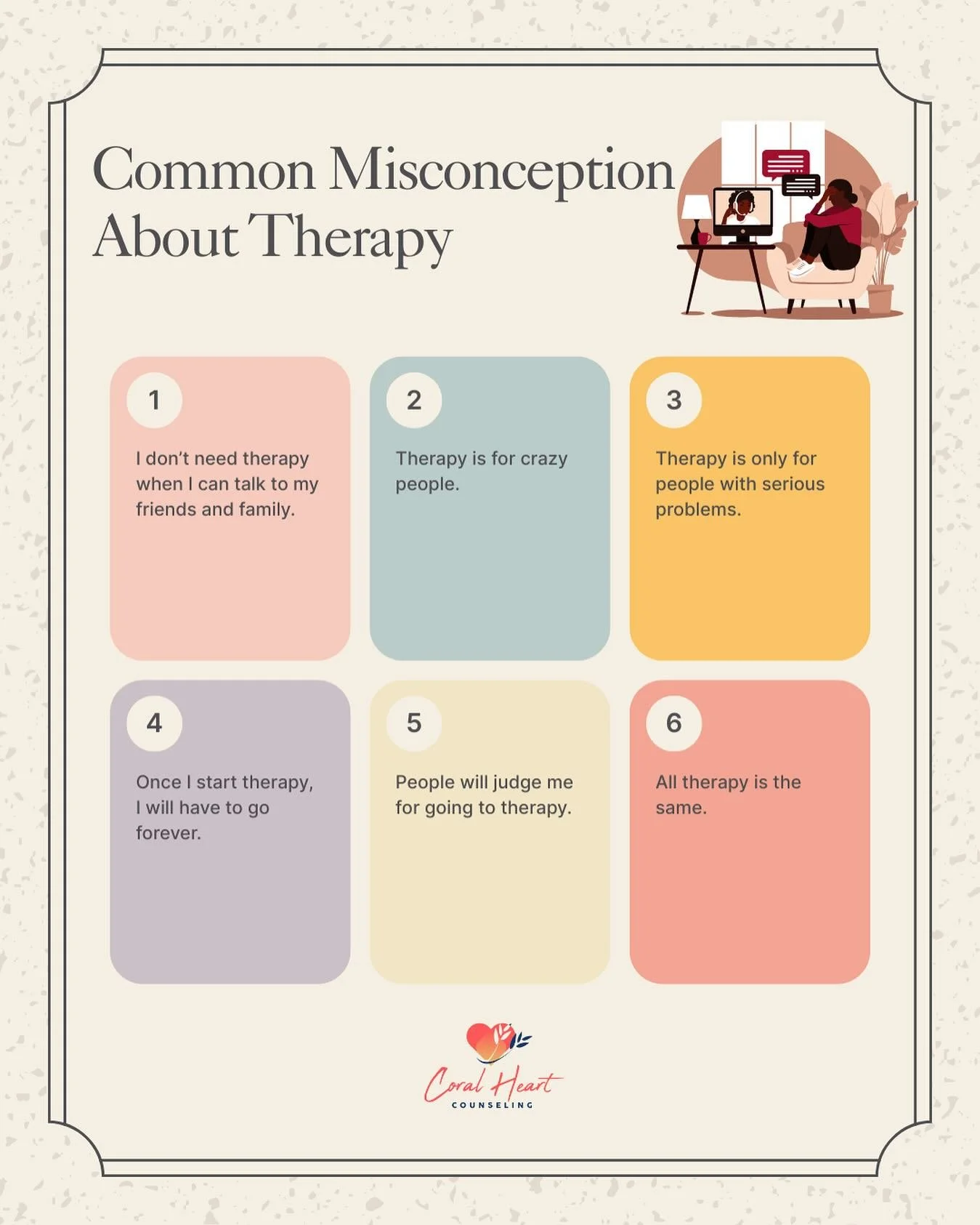 What's one misconception you had about therapy? 🫡
Comment below✍️🏽
.
.
.
#coralheartcounseling #mentalhealth #therapy #emotionalwellness #collaboration #selfcompassion #counseling #psychotherapy #mentalhealthconsultant #talktherapy #healing #artthe