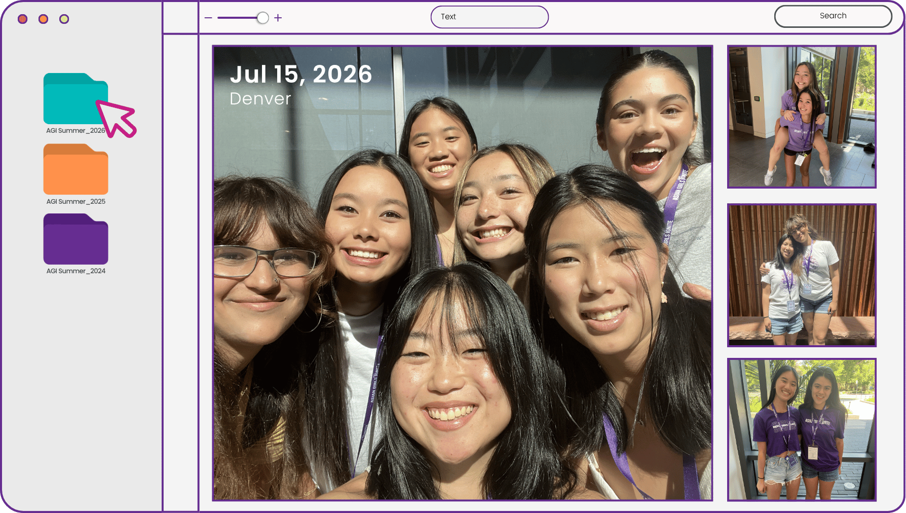 Six high school camp guides posing together in matching Asian Girls Ignite gear at the Denver Botanic Gardens