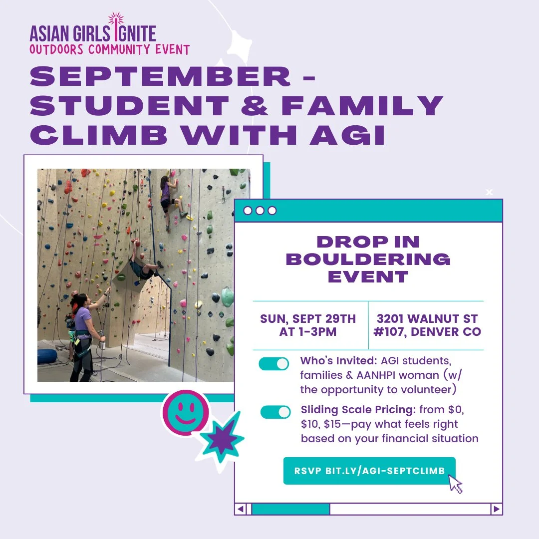 Looking to connect with a supportive, inclusive AANHPI community in Colorado while also exploring the world of bouldering? 🧗‍♀️
Come to Climb with Asian Girls Ignite! This is a monthly drop in student and family climb for some fun, engaging b