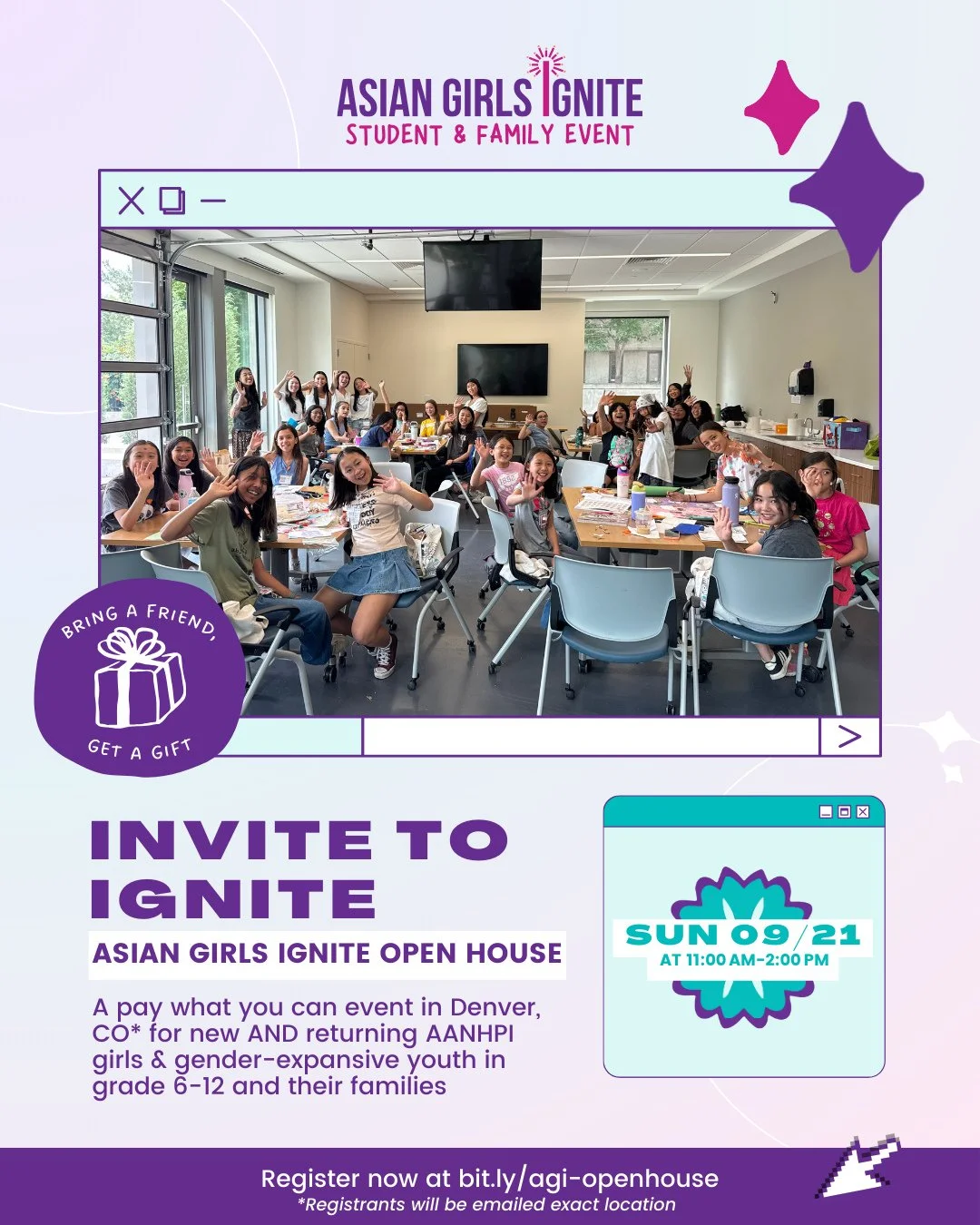 🏡 We&rsquo;re opening our doors and you and your child is invited!⁠
⁠
We&rsquo;re hosting a cozy open house where new AND returning AANHPI girls and gender-expansive youth in grades 6&ndash;12 can get to know Asian Girls Ignite in the way we do best