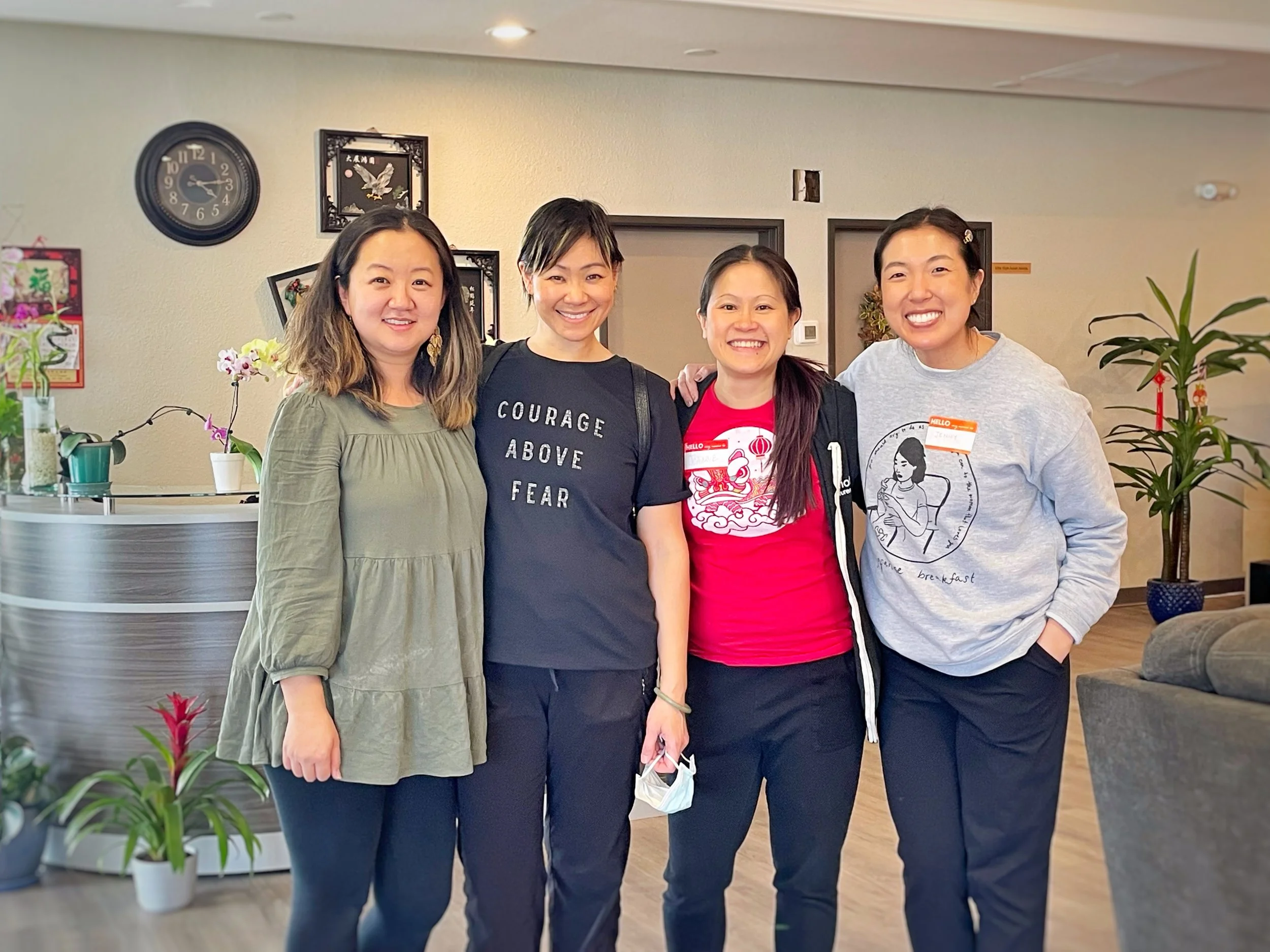 Chef Penelope Wong of Yuan Wonton standing next to Annie Guo Vandan of CACEN, Joanne Liu, and Jennifer Kim of AGI at Dumpling Making Workshop 2022