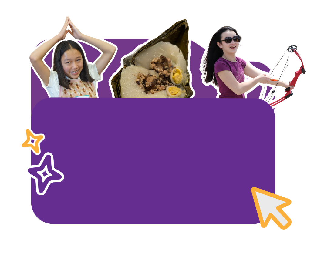 graphic of 2 asian girls ignite students doing yoga and archery and onigiri in folder