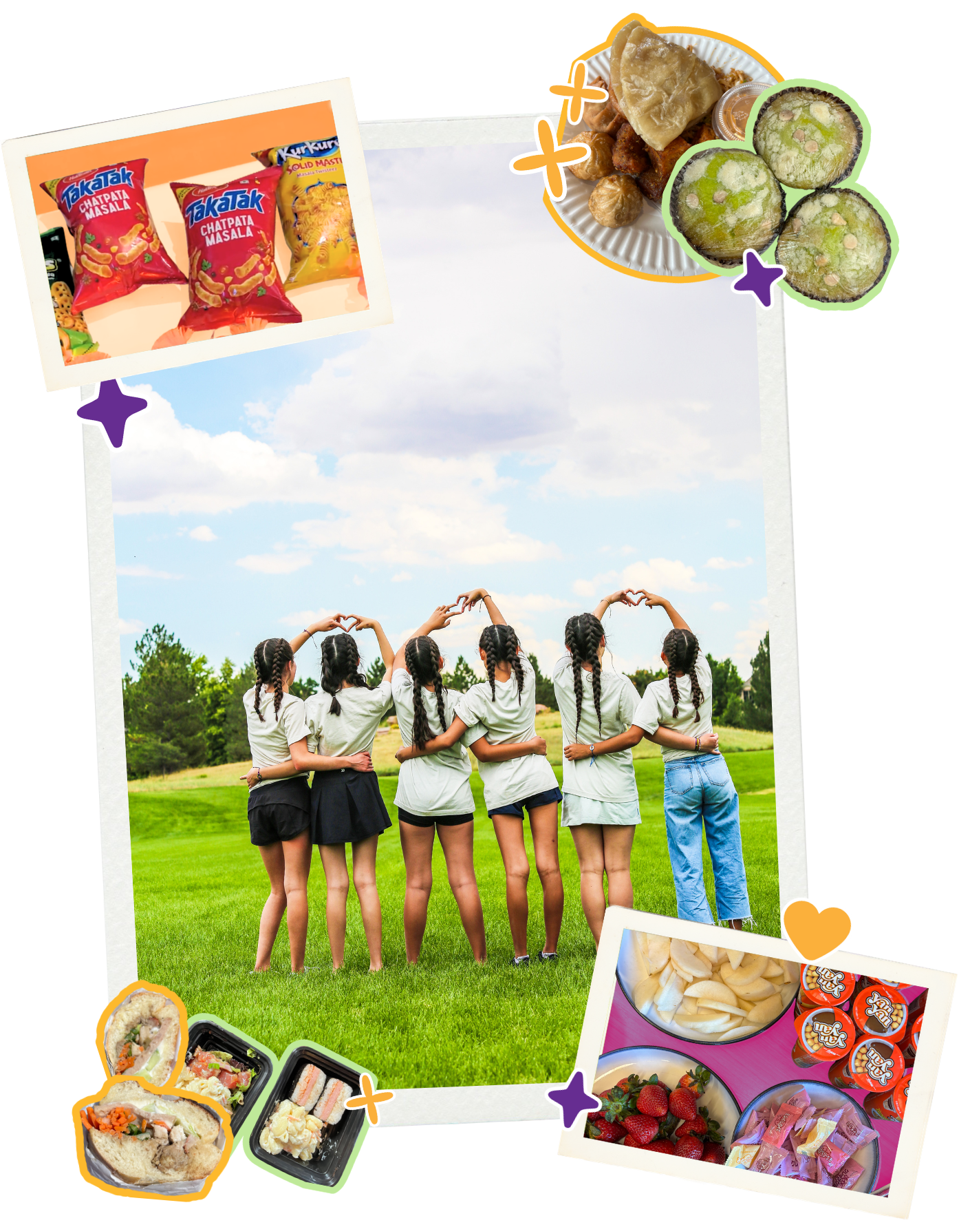 collage of asian girls ignite students doing hand hearts surrounded by asian food and snacks