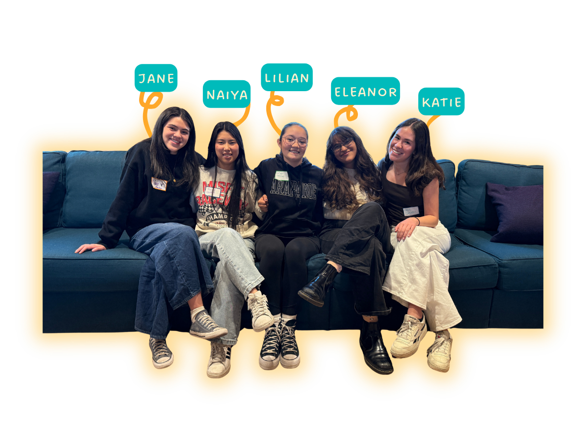 High school mentors seated on blue couch with names above in teal box