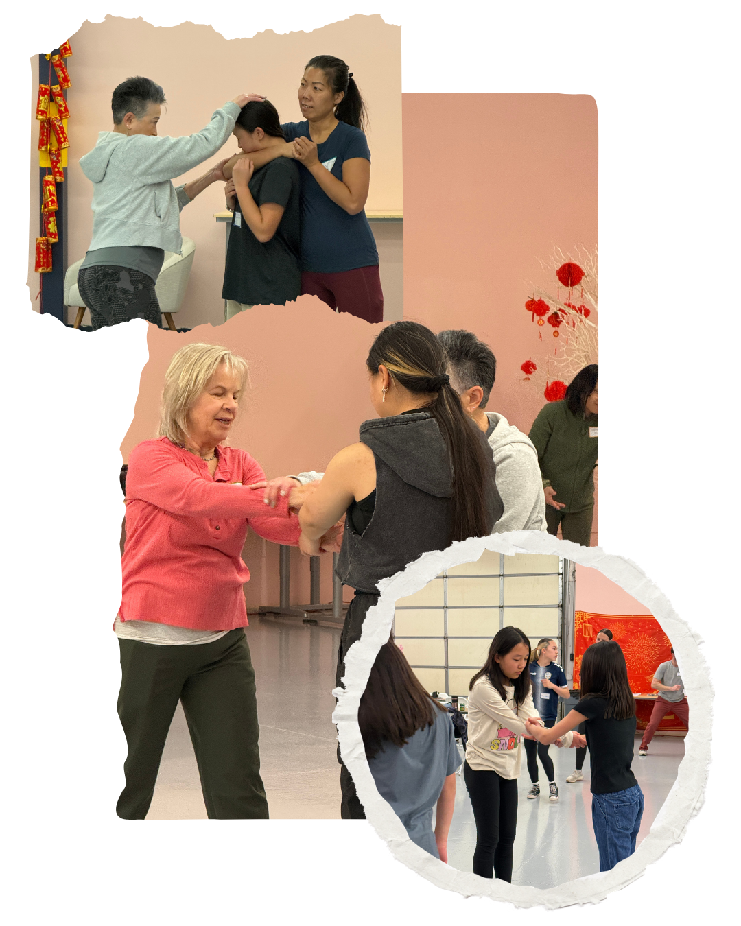 Collage of participating students, family, and instructors at karate workshop, Generational Healing with Asian Girls Ignite