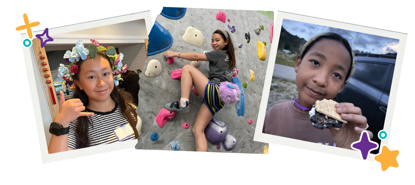 a collage of asian american native hawaiian pacific islander youth, one with a lei doing the shaka sign, one bouldering, and one holding a smore they made