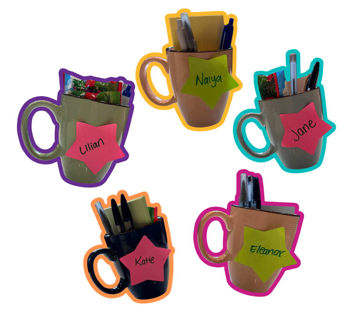 Collage-like photo of five different cups with sticky notes of high school mentors with pens, sticky notes, and candy inside