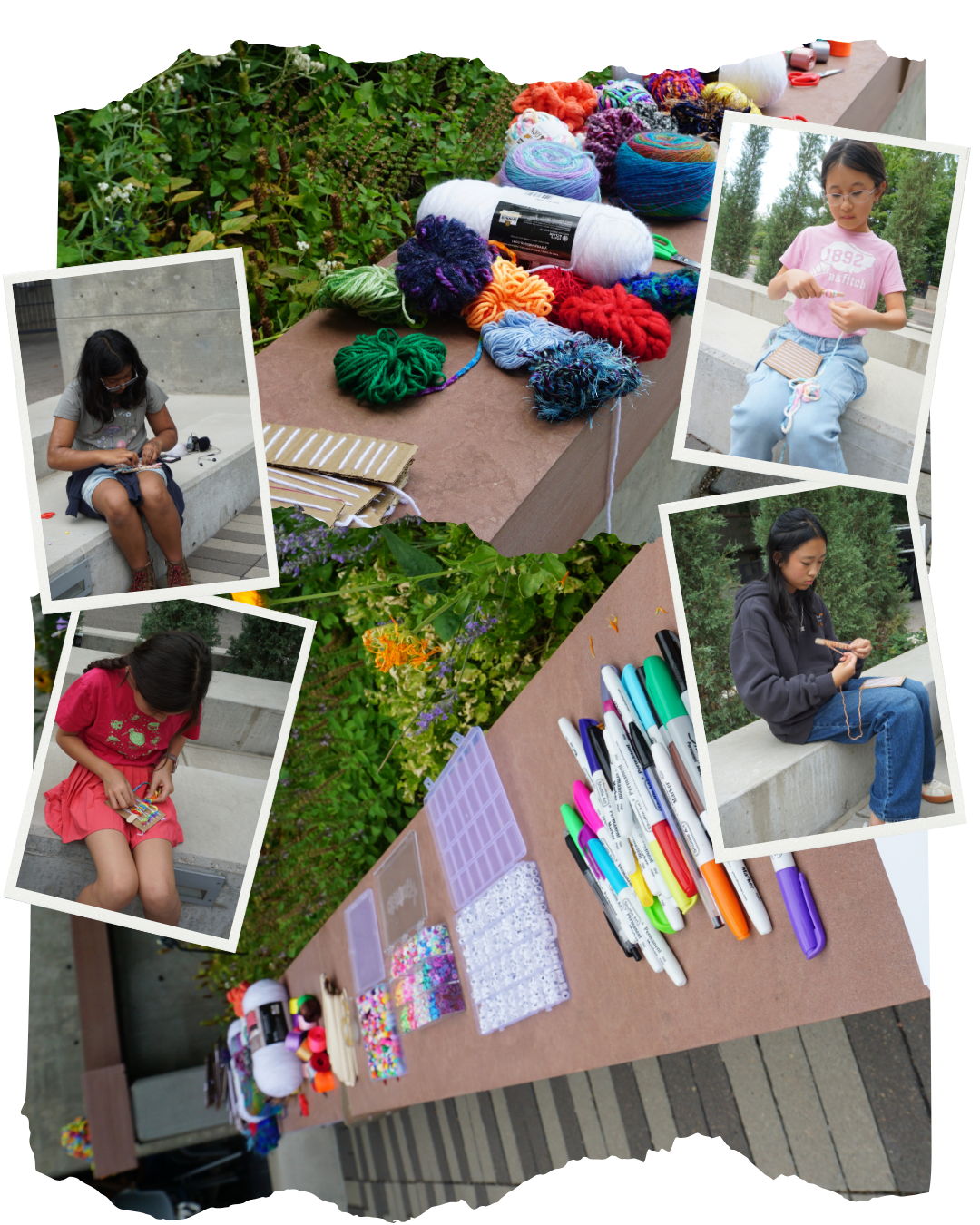 asian american girls yarn weaving for a community art project in denver