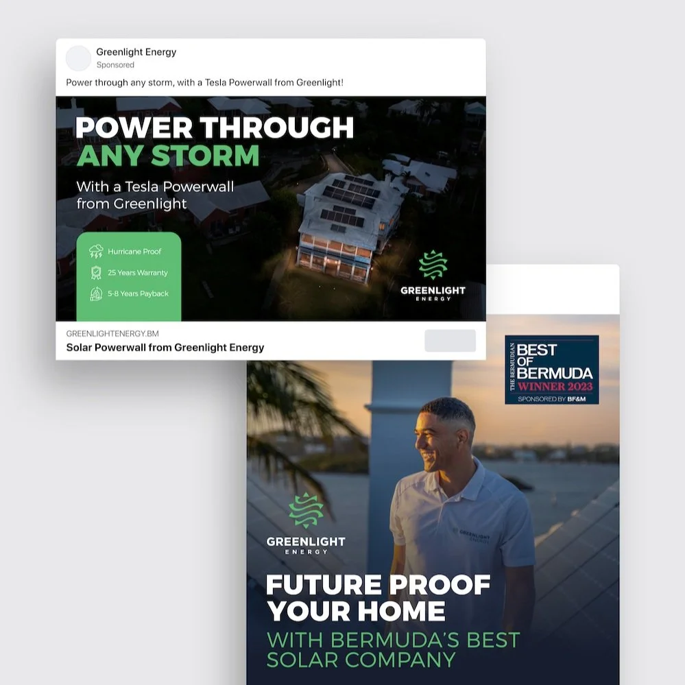 Graphic design by NinthMind for a solar energy company in Bermuda. Print and digital ads, email marketing design, and Canva templates created to support a clean, cohesive visual identity for a purpose-driven, service-based business.