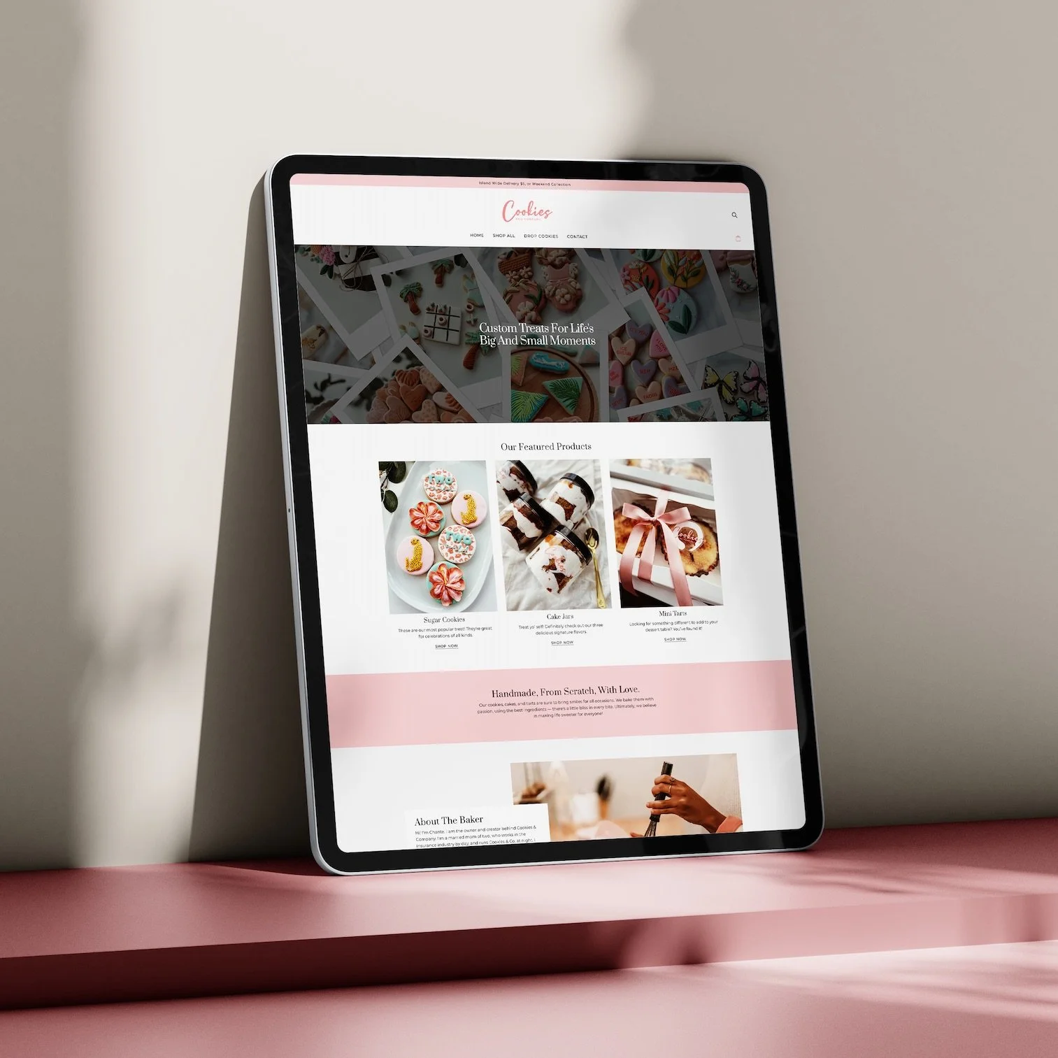 Custom e-commerce website design by NinthMind for a handmade baked goods / bakery brand in Bermuda. Built on Shopify with a warm, inviting layout tailored for a product-based business, blending functionality with a playful, artisanal feel.