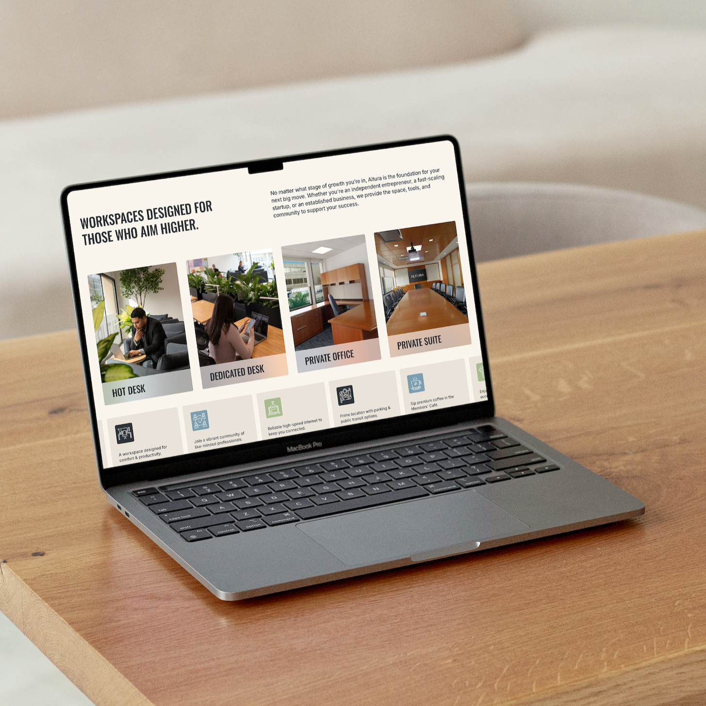 Custom Squarespace website design by NinthMind for Altura, showcasing a modern Bermuda coworking space on a laptop mockup.