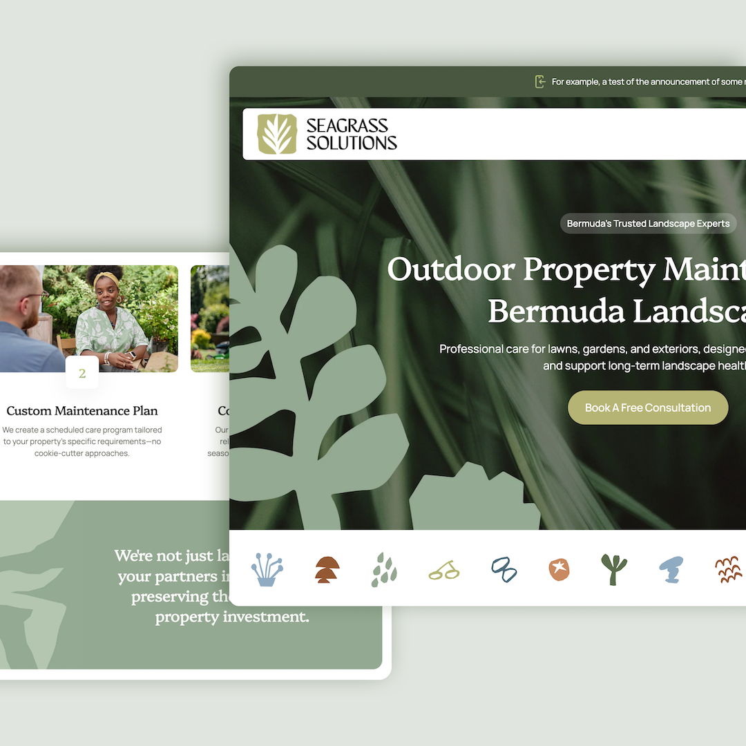 Custom branding and Squarespace website design by NinthMind for Seagrass Solutions, a Bermuda landscaping company, showcasing bold visual identity and strategic web design for a Bermuda service-based business.