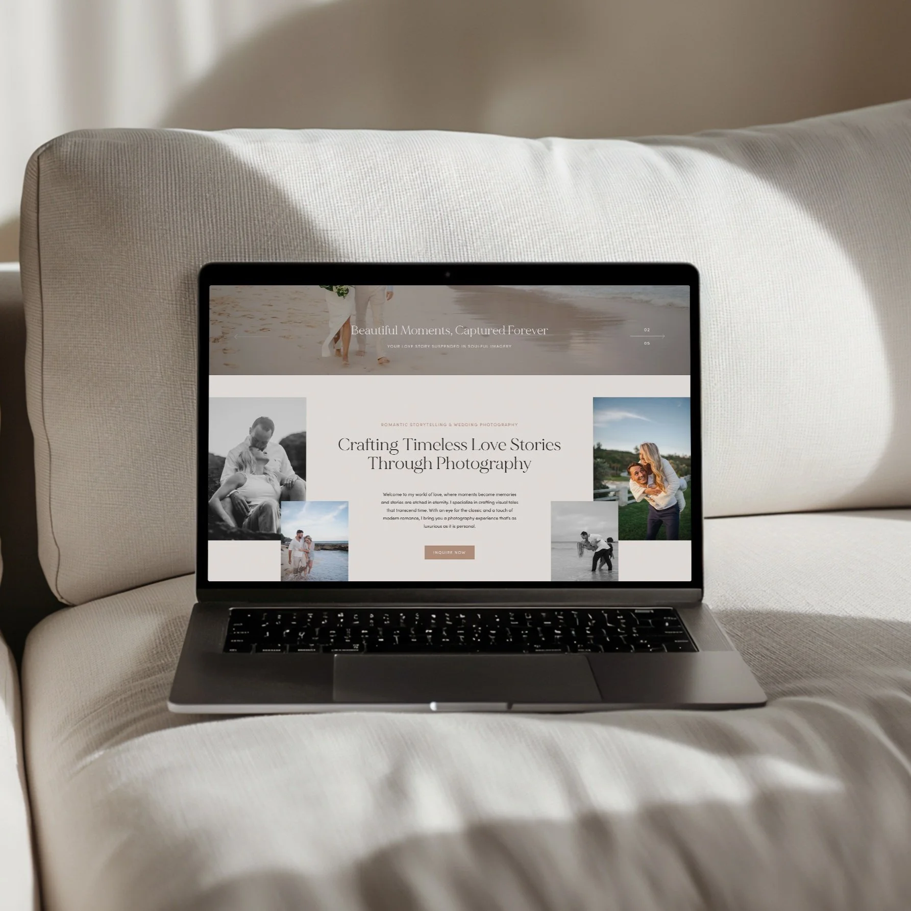 Custom website design by NinthMind for a photography business in Bermuda. Romantic, modern layout with a soft neutral colour palette, designed to elevate a service-based brand through strategic storytelling and refined visual identity.