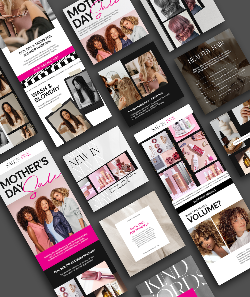 Brand refresh and graphic design by NinthMind for a beauty / hair salon in Bermuda. Elevated visual identity with refined colour palette, typography, and custom-designed templates to support a modern service-based business.