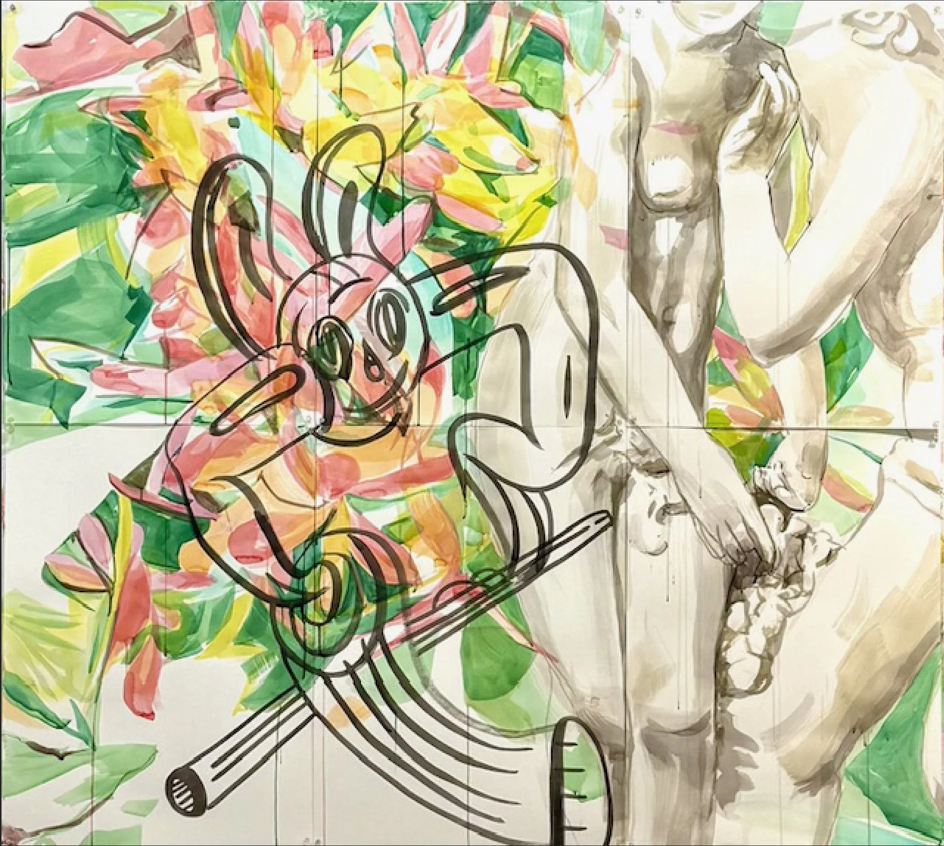 Embrace, Watercolor and gouache, 6 panels, on Fabriano paper, 60 x 66", 2025 (VCCA Residency)