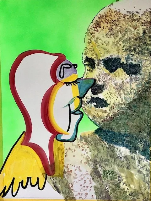 Green Love, 2024, Gouache & spray paint on Yupo paper, 30 x 22”