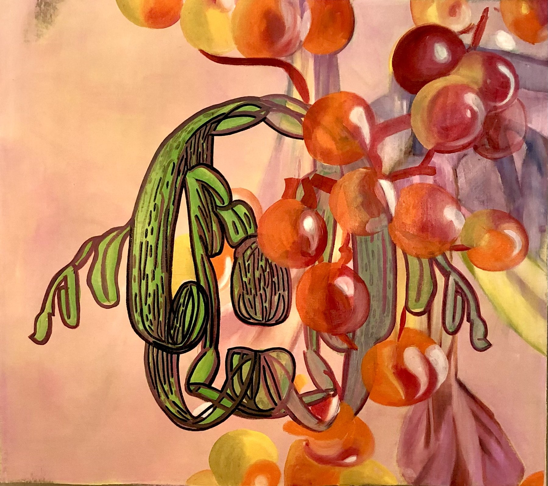 Green Skull and Berries, 5 x 5’, oil on linen, 2024