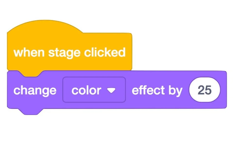 Scratch program snippet that says when stage clicked change color effect by 25.