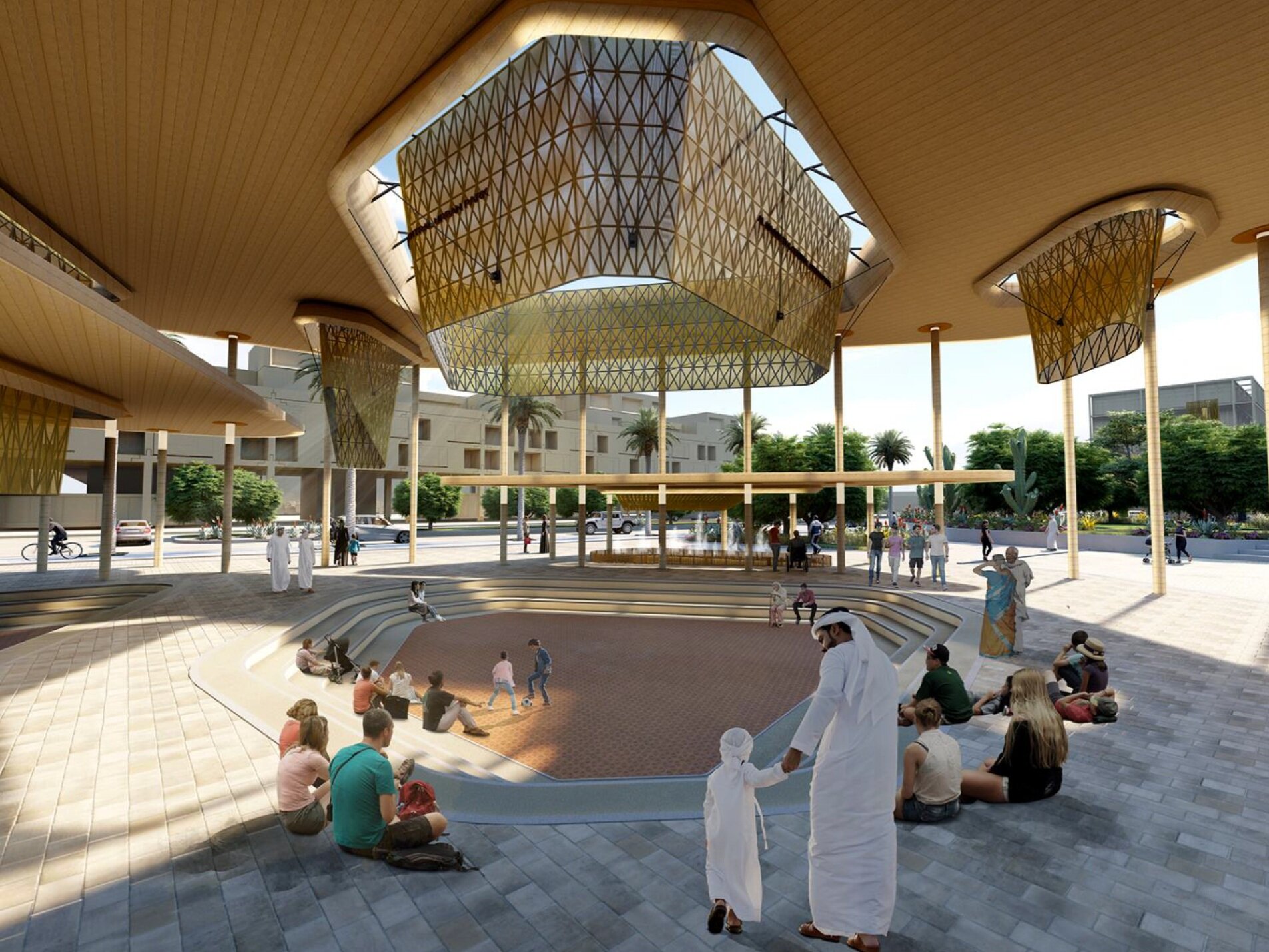 View of the pavilion of the central park (day), Al Nasserya Urban Regeneration / Central Park, Mariama Kah, American University of Sharjah, 2019, Sharjah, Image courtesy of Mariama Kah.