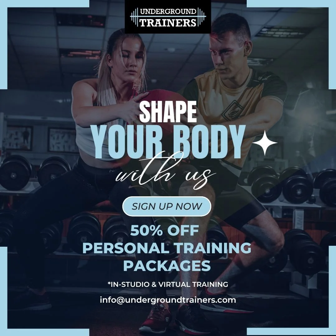 *LIMITED TIME ONLY*

50% OFF all personal training in-studio and virtual training packages. 
Sunday Mobility/Yoga One-to-One sessions available with every package.

In-home training also available.
Contact us - info@undergroundtrainers.com

#fallsale