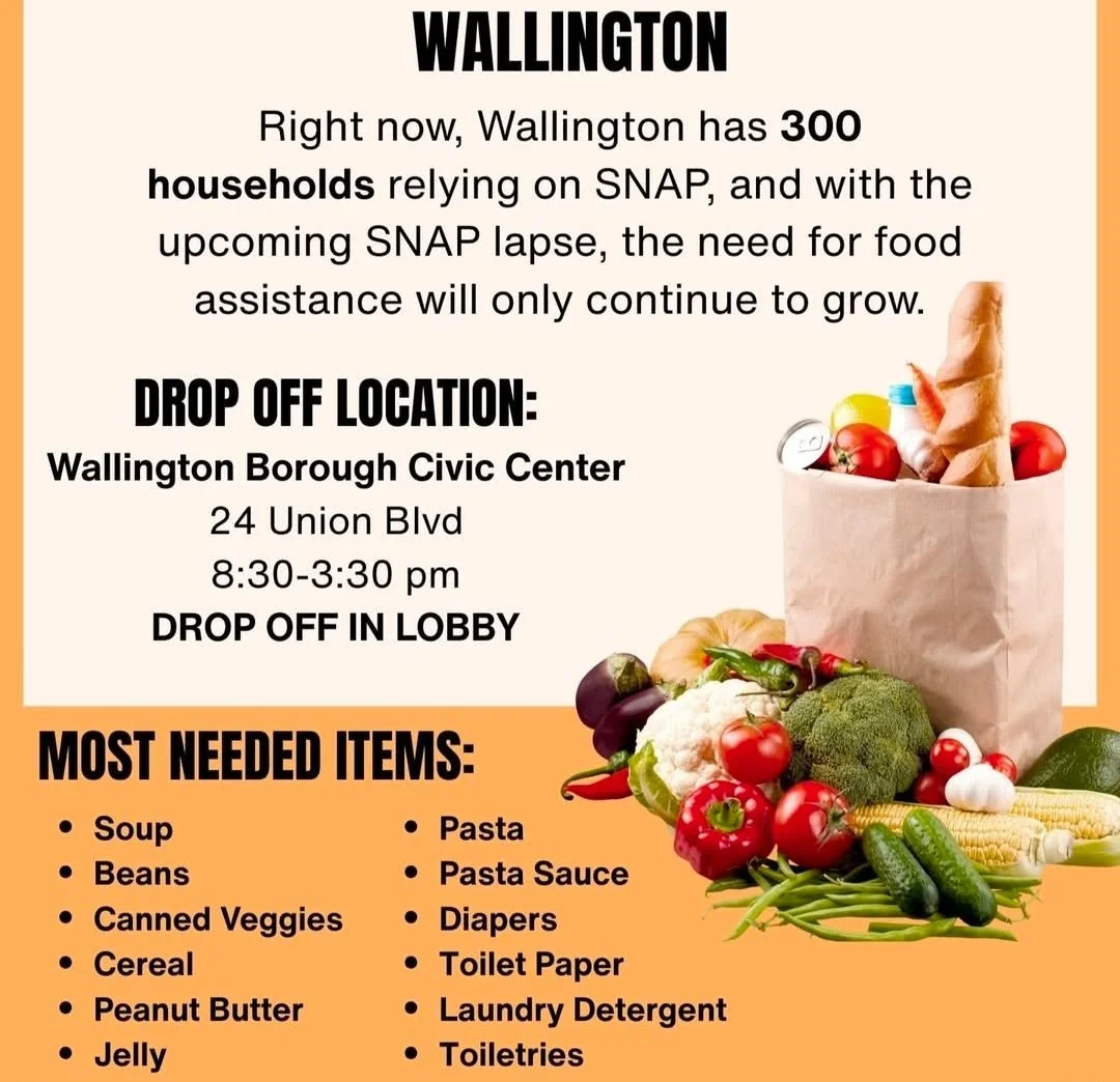 📣WALLINGTON 📣 
Please consider helping our neighbors in need! 

DROP OFF LOCATION:
Wallington Borough Civic Center 
24 Union Blvd.
8:30-3:30pm
DROP OFF IN LOBBY

THANK YOU!