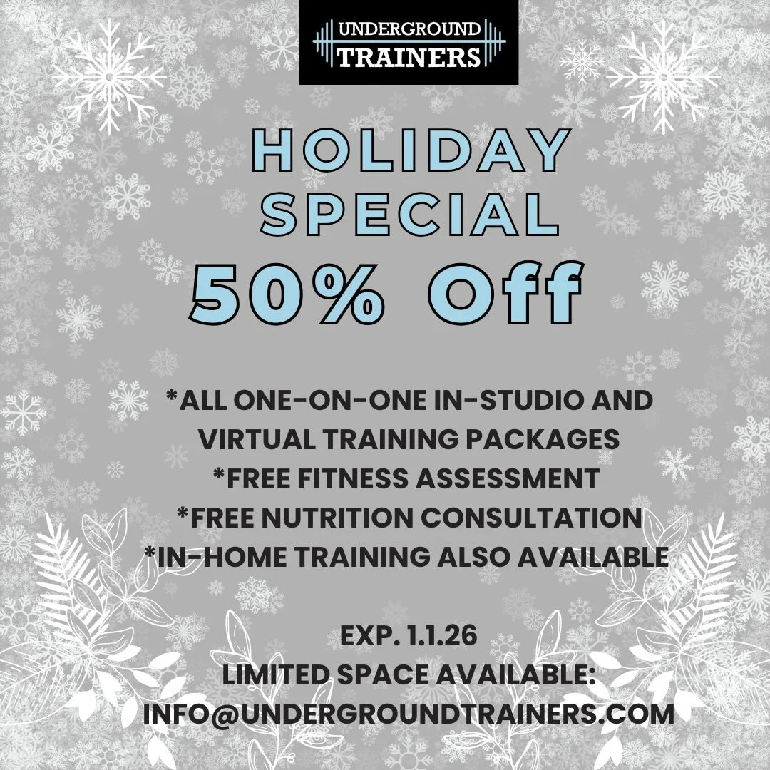 Only a few days left to get 50% ALL personal training packages at Underground Trainers.

DM or email us for all the deets. 

Make your body &amp; mind a priority in 2026! 

In-studio or virtual training packages available. 

Offer expires 1.1.26