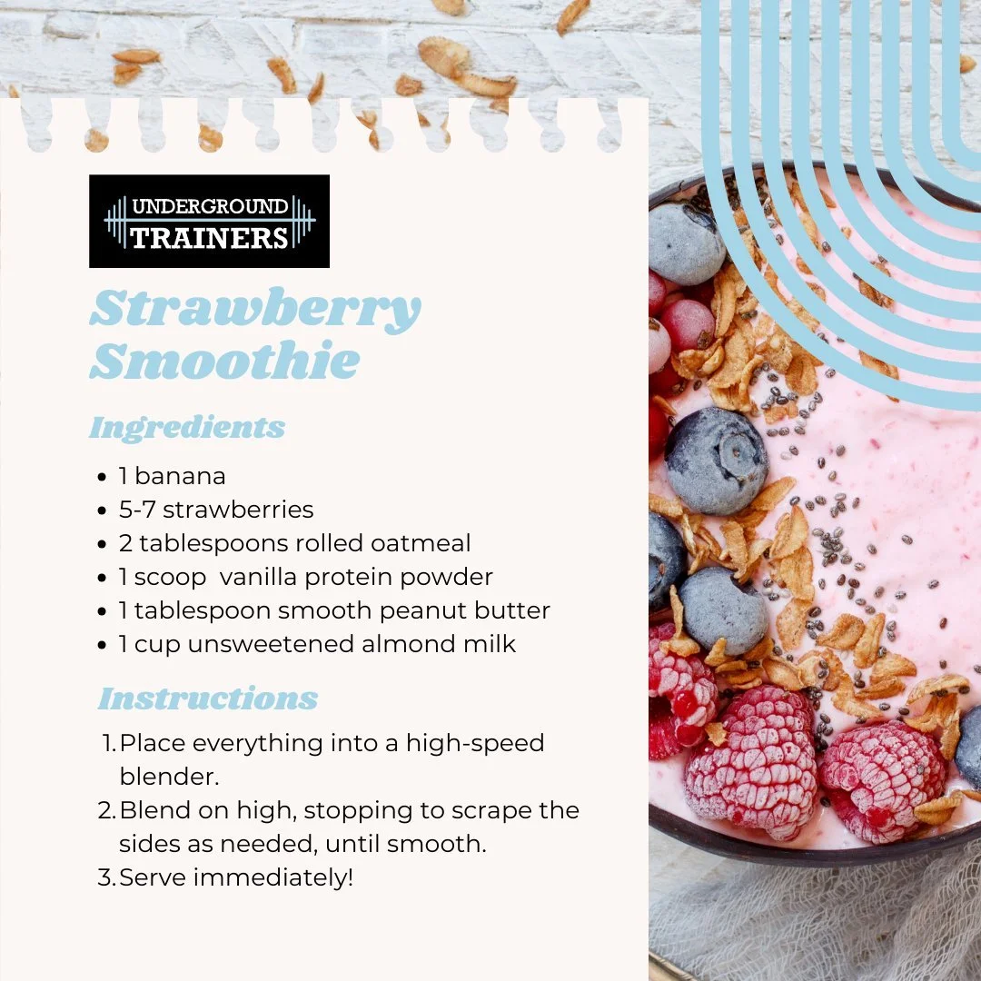 Sunday Meal Prep Idea of the Week
🍥
For a quick breakfast or after workout recovery snack, a Strawberry Smoothie is a MUST! Easy, delicious, healthy and refreshing. It's a feel-good, nutrition packed option.

Check out the recipe below and let us kn