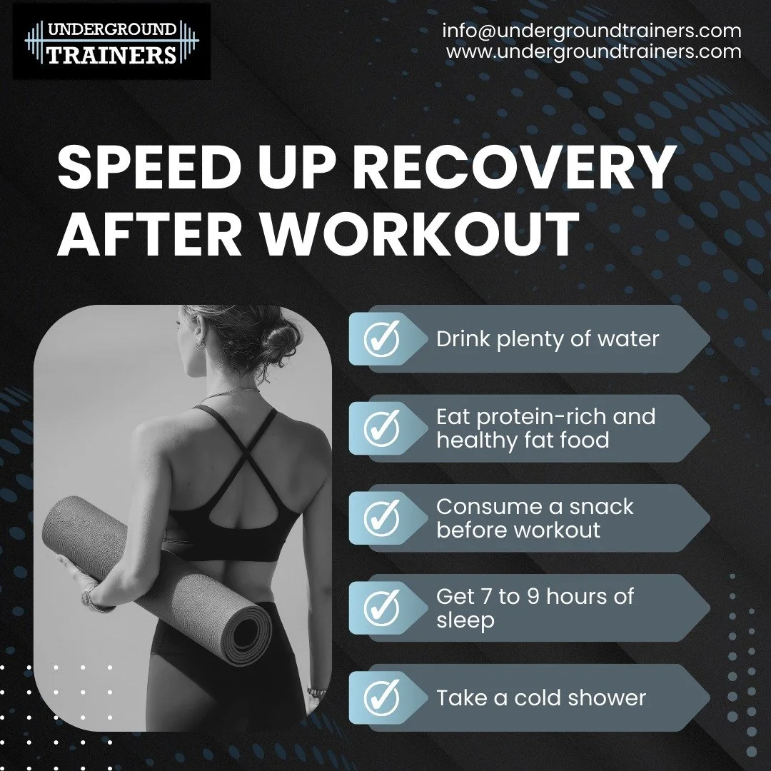 Now that you are back into your routine . . .

Speed up recovery after workouts by:
💧Drinking plenty of water
🥚Eating protein-rich and 🥑healthy fat foods
🥜Consume a snack before workout
💤Get 7-9 hours of sleep each night
🚿Take a cold shower
::
