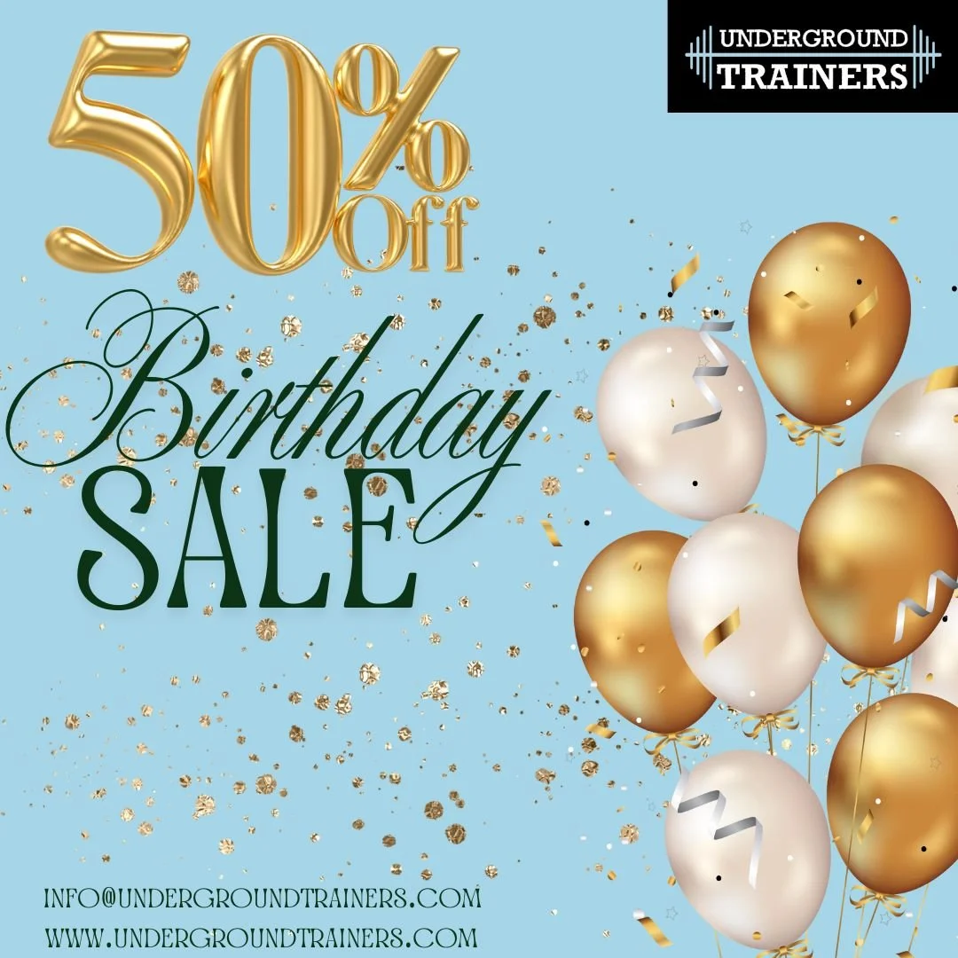 🎉 BIRTHDAY SALE! 🎉

We are 10 Years in business and looking to celebrate with our current and new clients.
◼️50% OFF all personal training packages 
◼️Purchase before 2/28 
◼️FREE Fitness Assessment

Contact us TODAY:
info@undergroundtrainers.com o