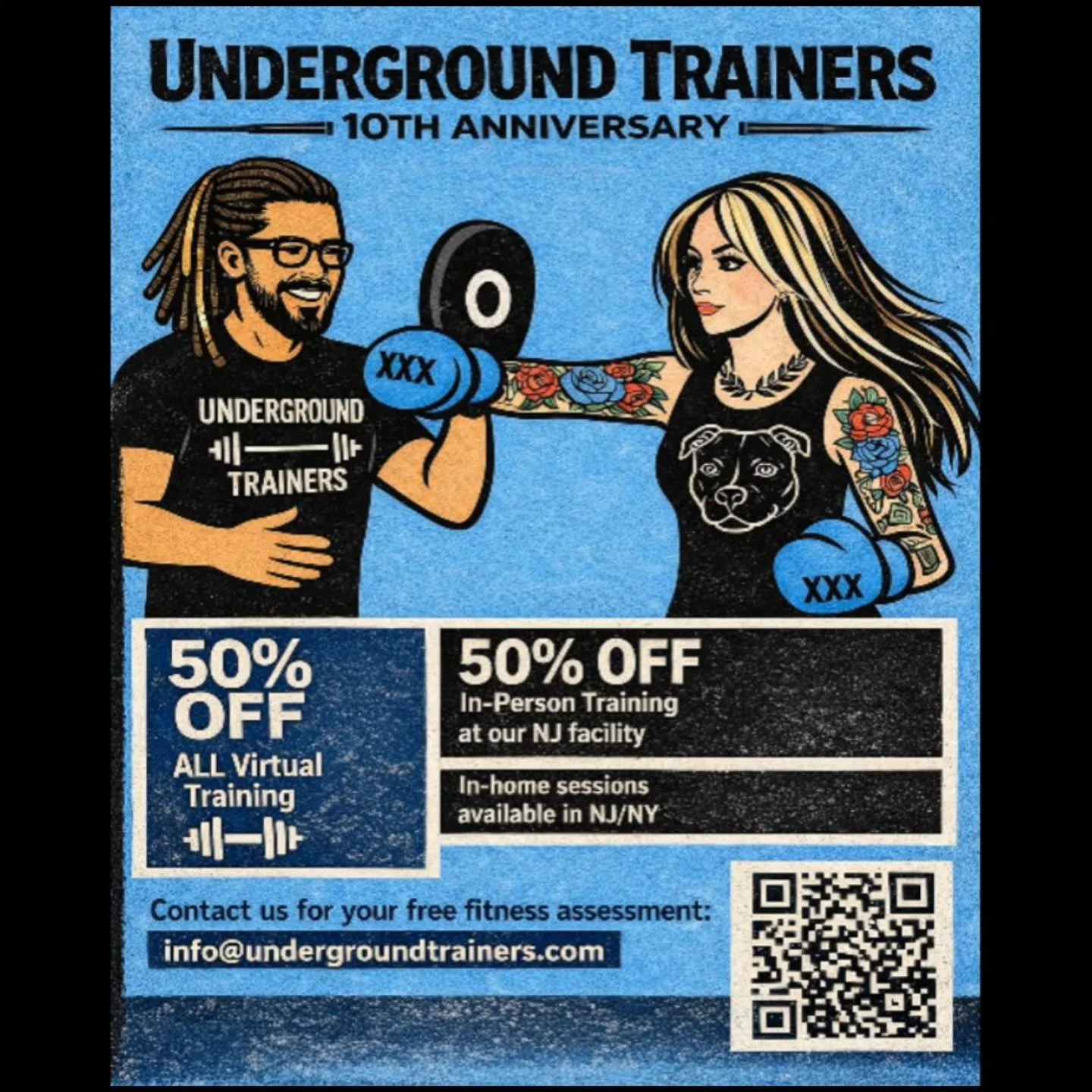 Celebrate our 10th Anniversary with 50% off in-studio and virtual personal training. In-home or In-office  training is also available.

Message us at @theundergroundtrainers or via info@undergroundtrainers.com. 

*Free fitness assessment and nutritio