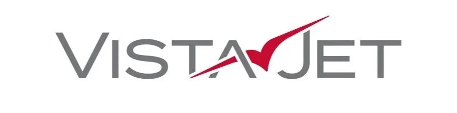 Vistajet logo with stylized red checkmark integrated into text.