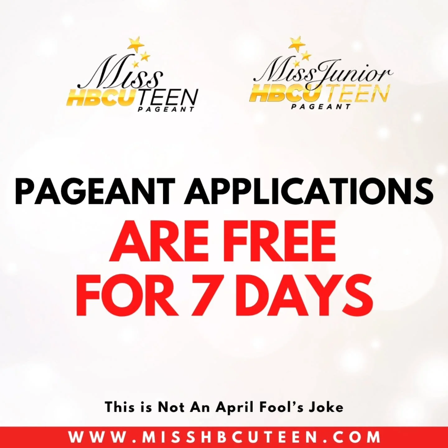 We were going to post an April Fools joke&hellip;
but instead we&rsquo;re dropping something better 👑 

For the next 7 days, application fees are WAIVED for Miss HBCU Teen &amp; Miss HBCU Junior Teen (9th&ndash;12th grade) applicants 
@misshbcuteen 