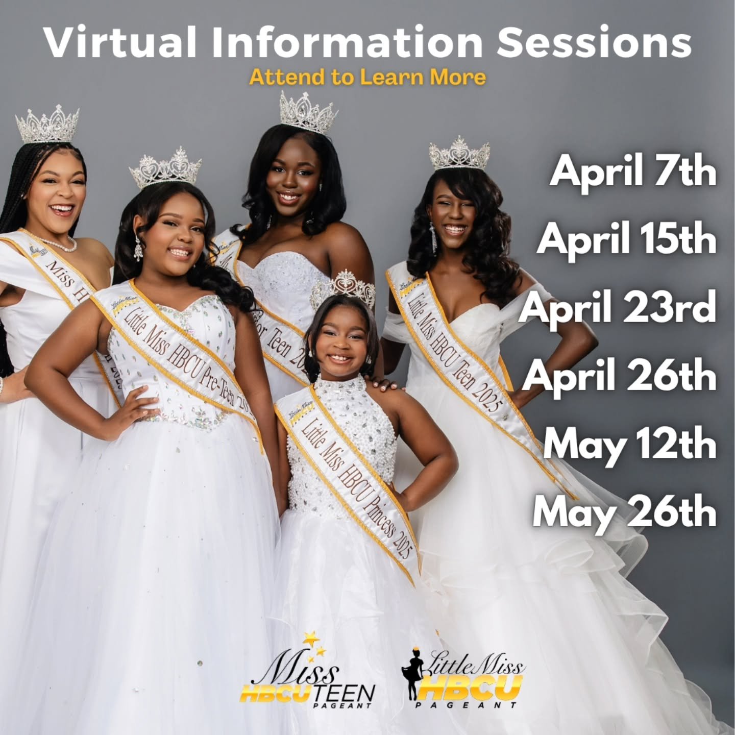 👑 Be sure to join us at an upcoming info session to learn more about the pageant, meet our Queens &amp; ask the Directors any questions you may have!

👋🏾 Early bird applications will close soon

👸🏾 Learn more in our bio 🗓

🎓 Share with a High 