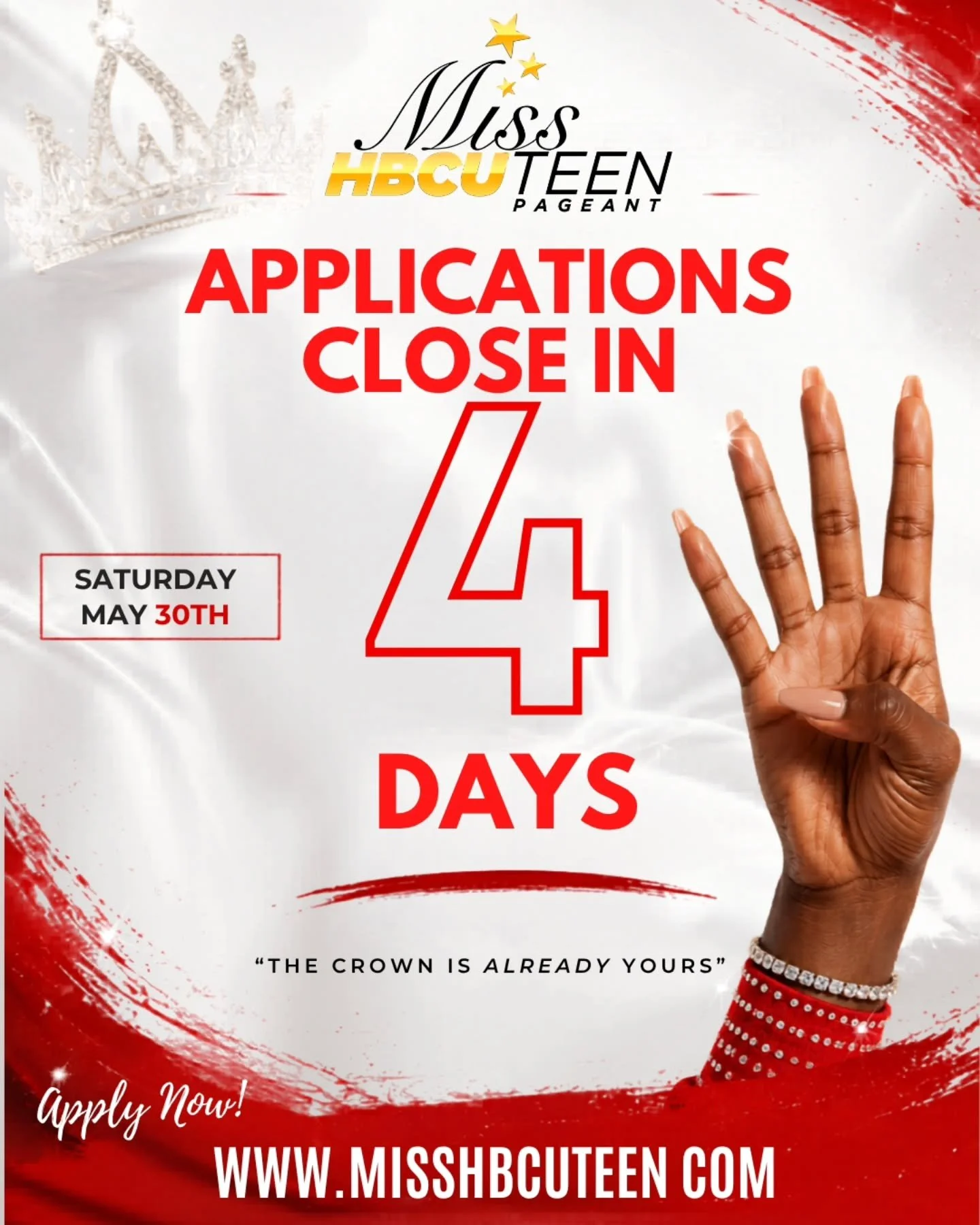 🚨 Applications are about to close for the
@misshbcuteen &amp; @littlemisshbcu pageant 

👑 Register today or click in our bio to learn more
&ldquo;The Crown is Already Yours!&rdquo;
.
.
.
#MissHBCUTeen #littlemisshbcu #HBCUBound #ScholarshipPageant 