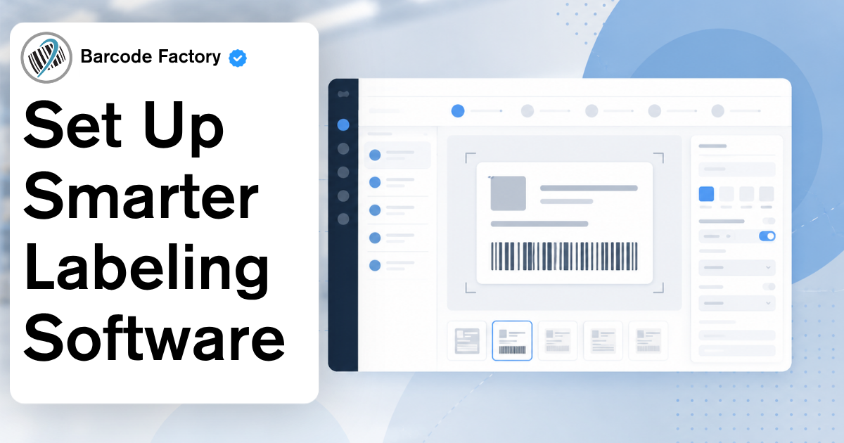a label software image with the text set up smarter labeling software with a barcode factory logo above that