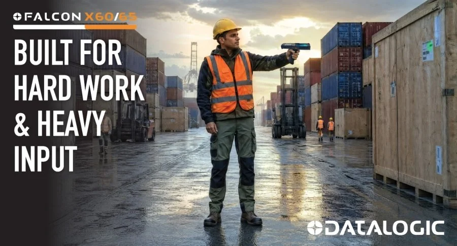Datalogic Falcon X60/65 graphic showing a warehouse worker scanning a large crate in an outdoor logistics yard, with text reading “Built for hard work & heavy input.”