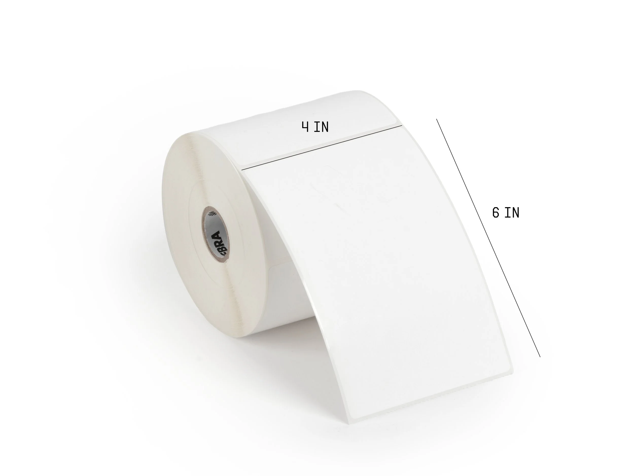 Roll of blank 4" x 6" Zebra shipping labels on a white background with size markings showing 4 inches wide by 6 inches tall.