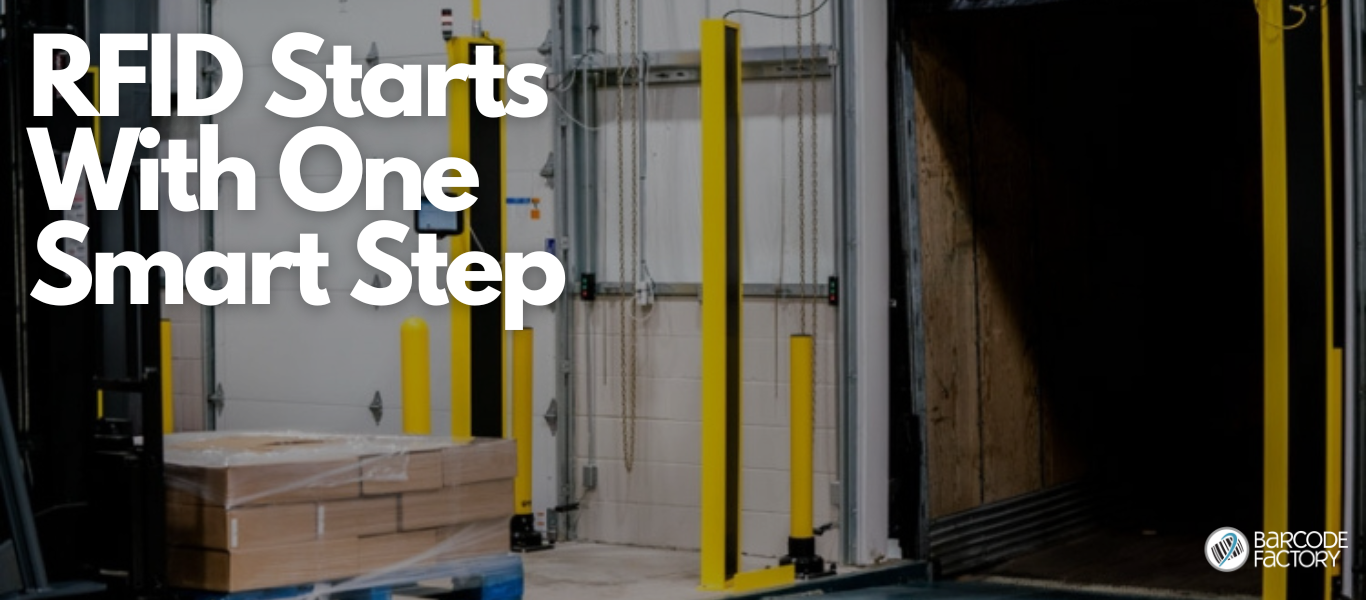 and rfid system setup in a warehouse with the headline over that image saying rfid starts with one smart step