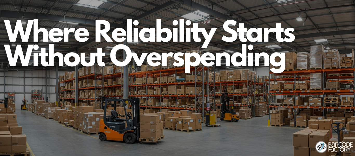 Where Reliability Starts Without Overspending overlayed on a warehouse image with barcode factorys logo on the right hand side