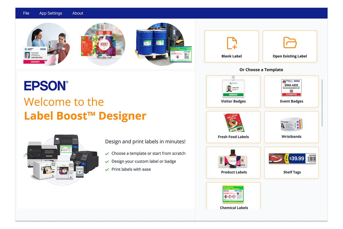 Epson Label Boost Designer welcome screen showing options to create a blank label, open an existing label, or choose templates for visitor badges, event badges, fresh food labels, wristbands, product labels, shelf tags, and chemical labels.